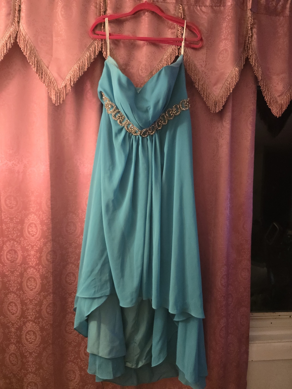 Turquoise High-Low Spaghetti Strap Dress with Embellished Waist